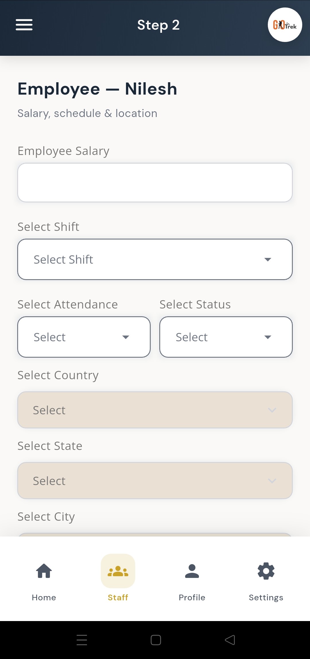 PayrollX employer app add new employee step two form