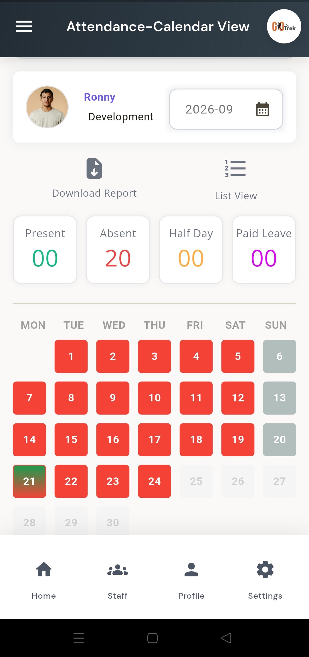 PayrollX employer app employee attendance calendar view with present absent half day colors