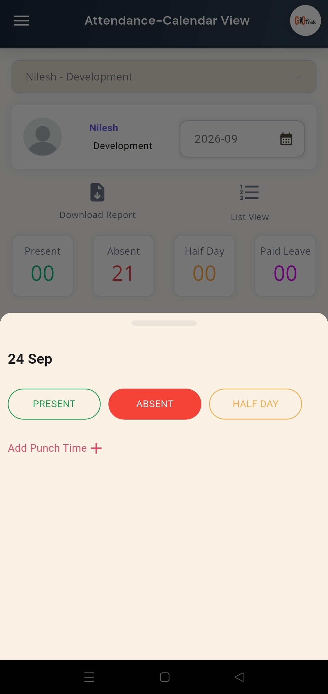 PayrollX employer app attendance detail after tapping a calendar date with punch times