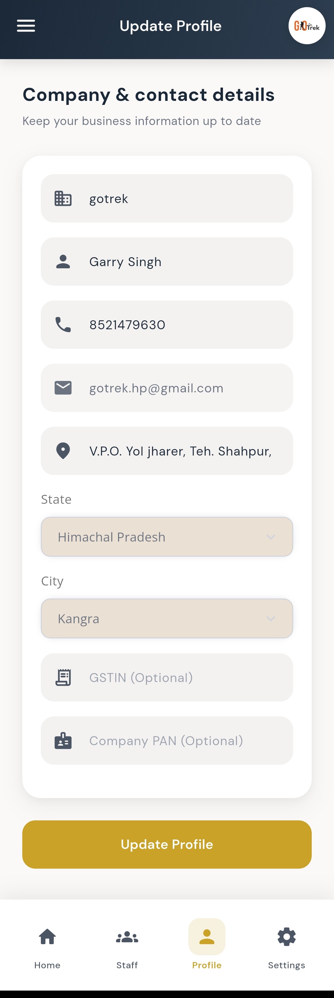 PayrollX employer app company profile screen with company name, contact and address