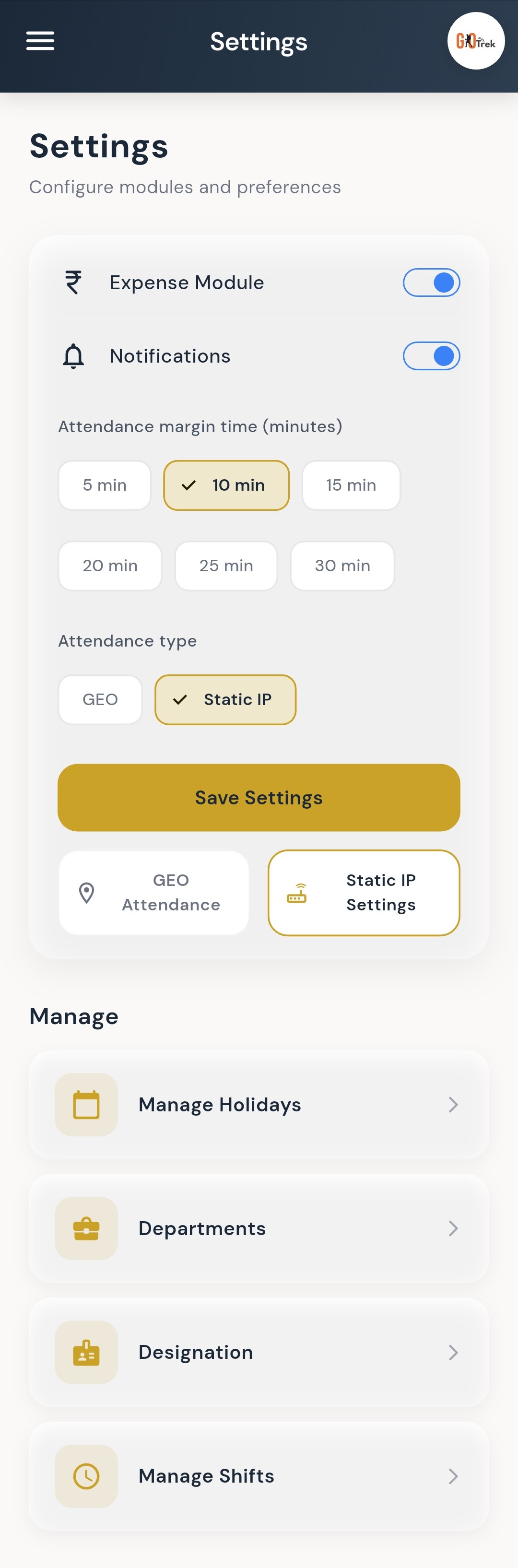 PayrollX employer app settings screen for attendance options
